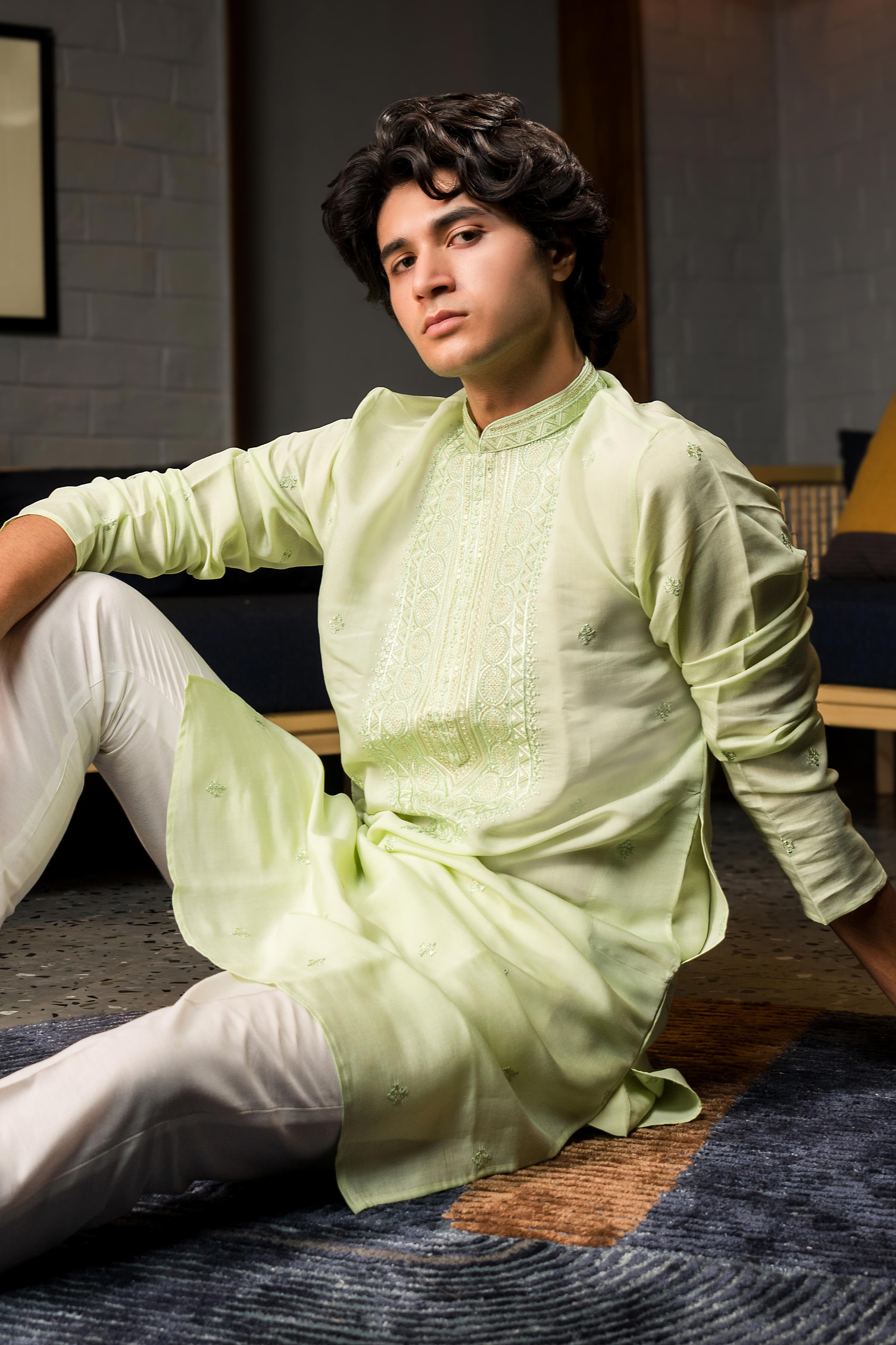 Pista Green Silk embroidered Kurta.