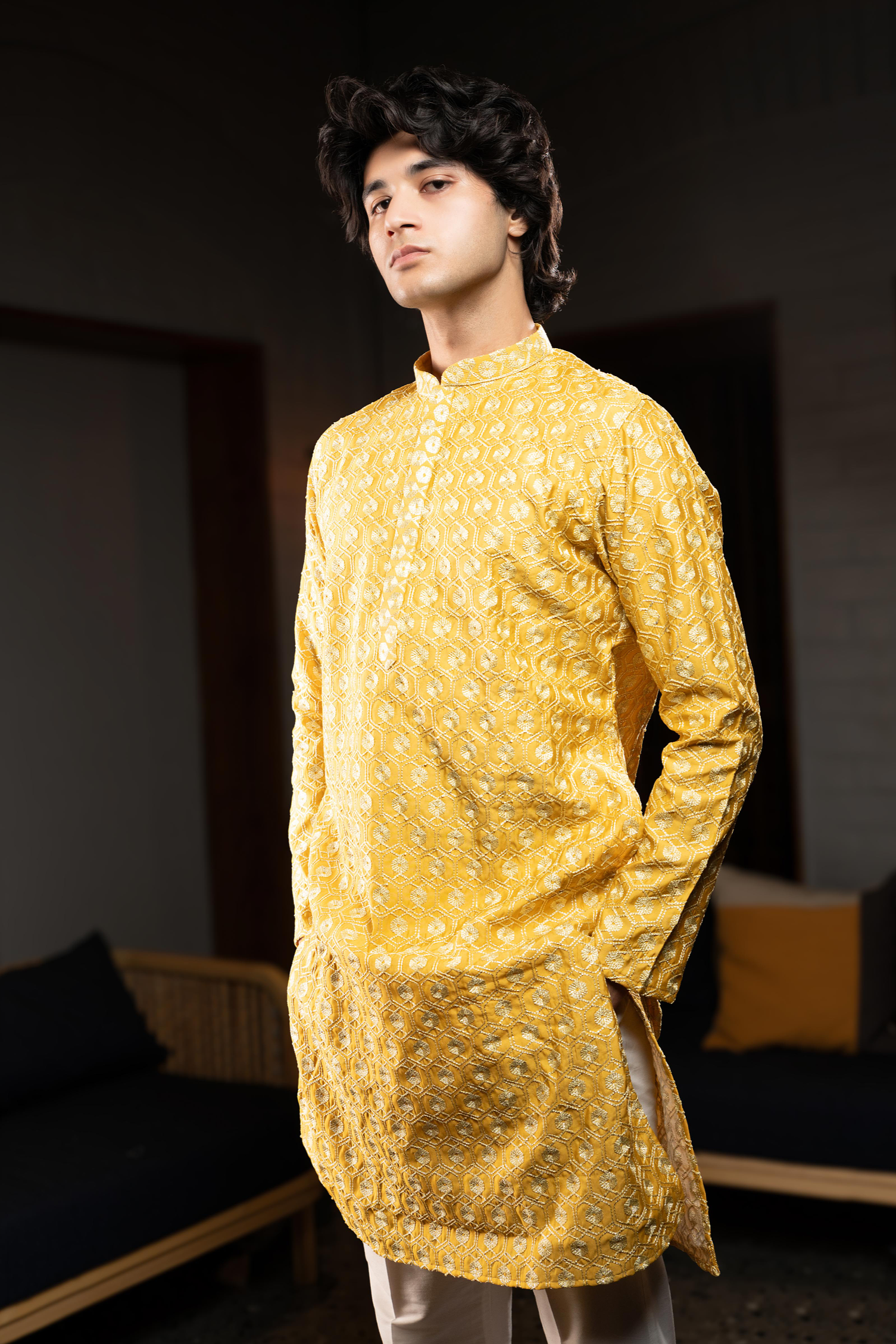 Yellow Silk embroidered Kurta.