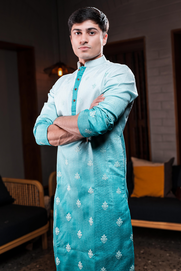 Blue ombre embroidered silk kurta.