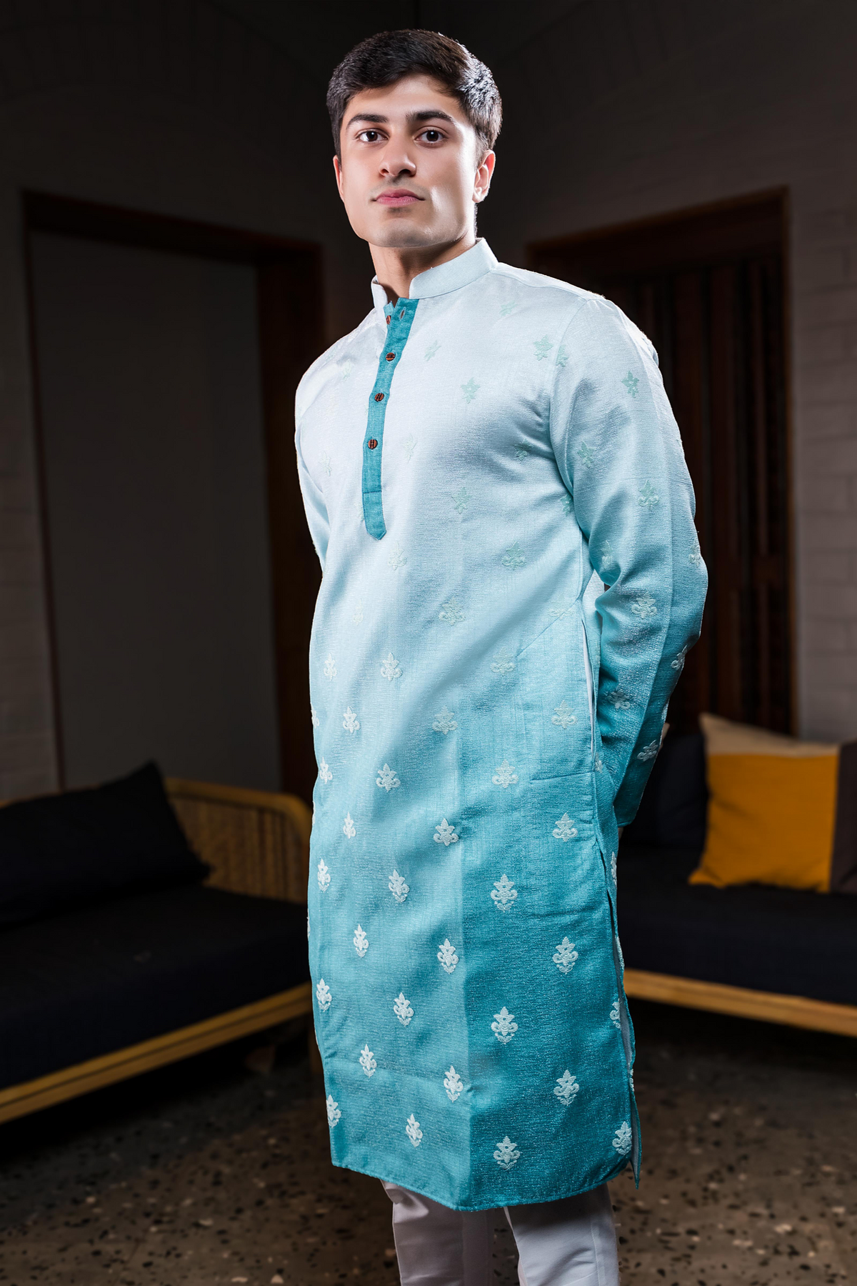 Blue ombre embroidered silk kurta.