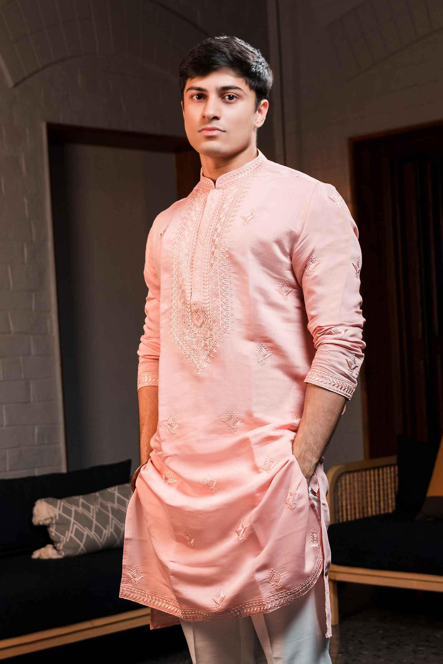 Light pink silk embroidered kurta.